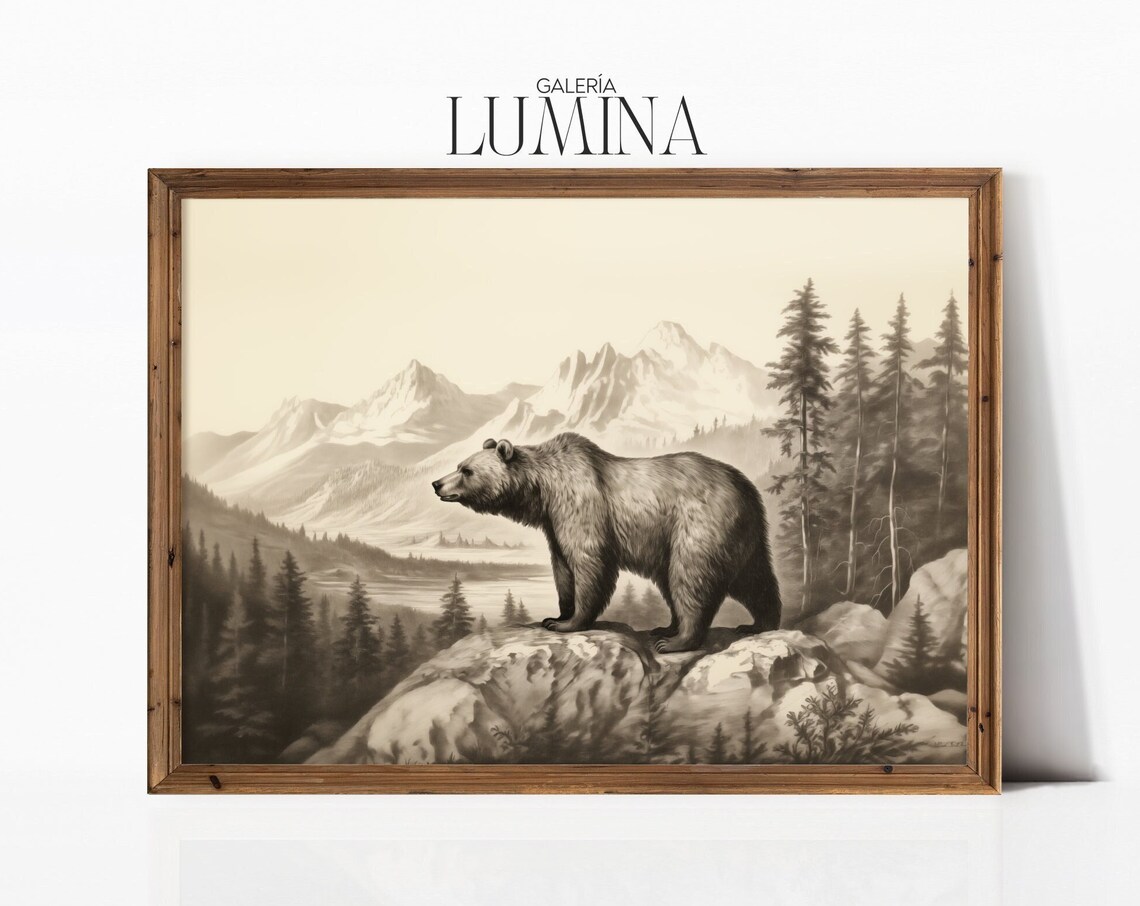 Grizzly Bear Mountain Peak Monochrome Wildlife Pencil Drawing Poster