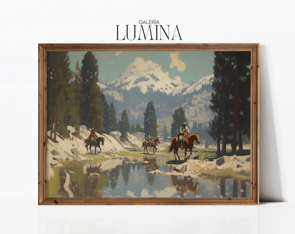Western Cowboy Painting Southwest Landscape Wall Art Antique Oil Painting Mid Century Wall Decor Art Frame Tv Art 143