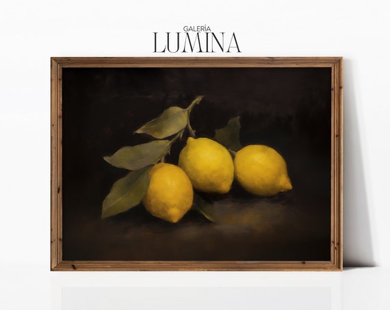 Moody Lemon Oil Painting Vintage Kitchen Still Life Painting Dark Fruit Wall Art French Country Decor Art Frame Tv Art 175