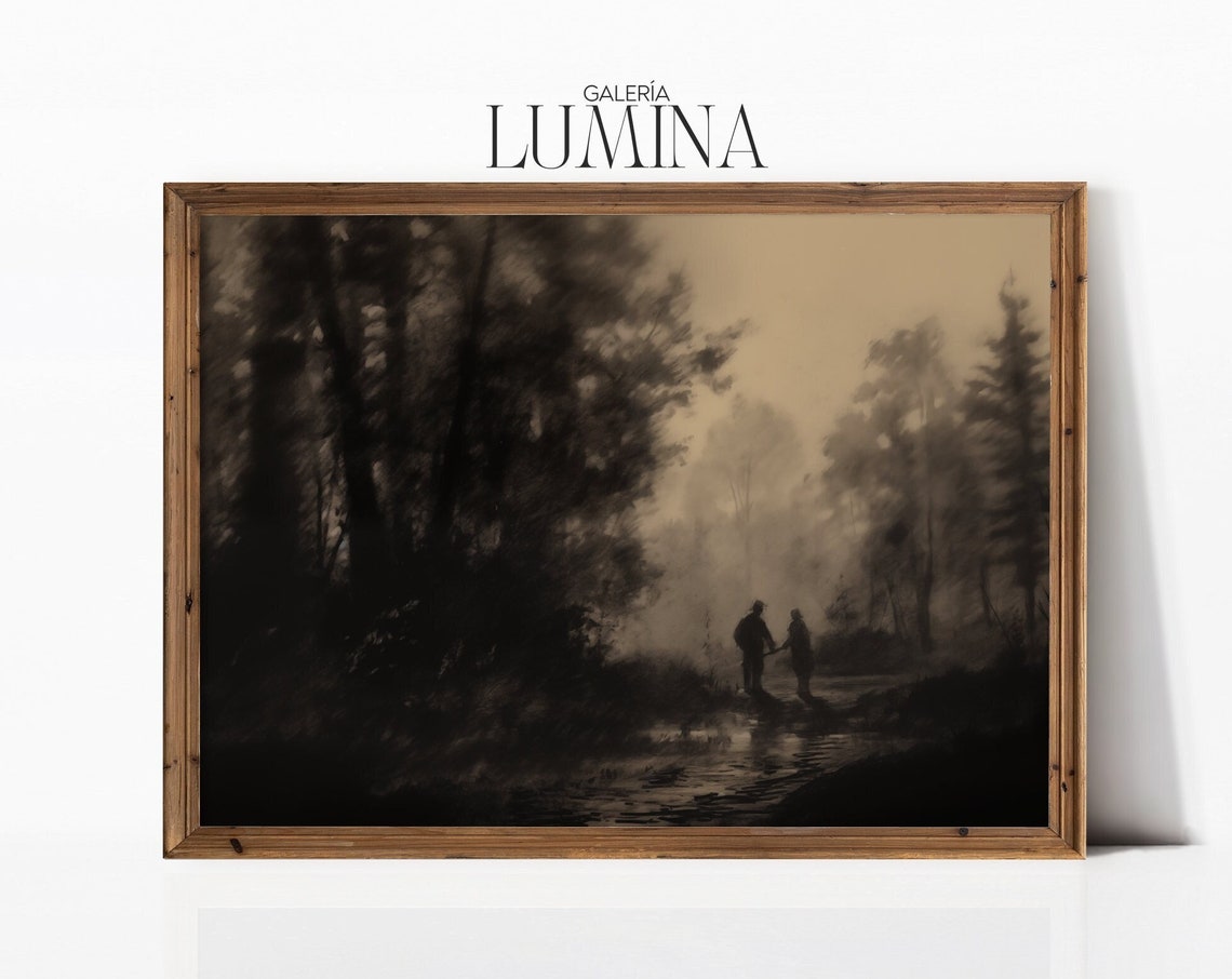 Two Men In The Dark Forest Original Painting Woodsman Print Dark Moody Wall Art Black White Drawing Art Frame Tv Art 076
