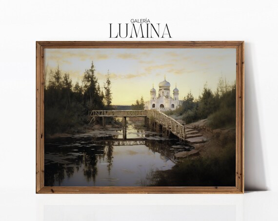 Wooden Bridge to Domed Church Still River Religious Painting Poster