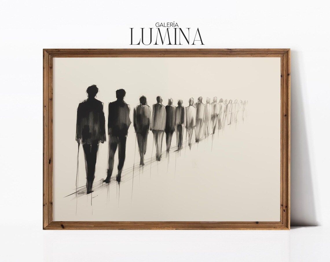 People in Line, Minimalist Charcoal Line Art Print
