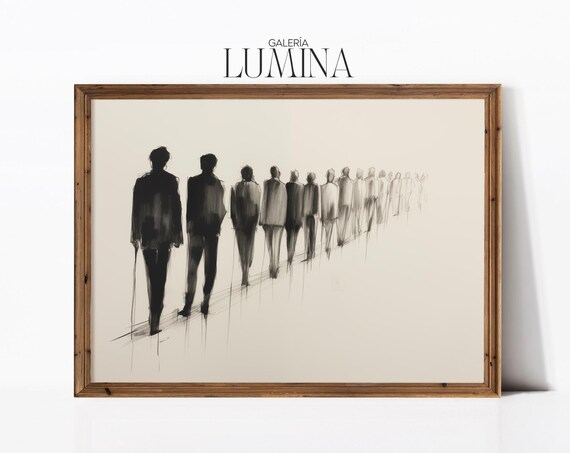 People in Line, Minimalist Charcoal Line Art Print
