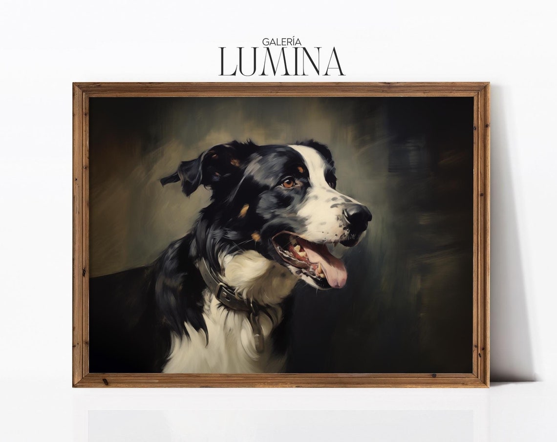 Border Collie Dog Oil Painting Vintage Black And White Dog Painting Animal Profile Portrait Painting Art Frame Tv Art 376