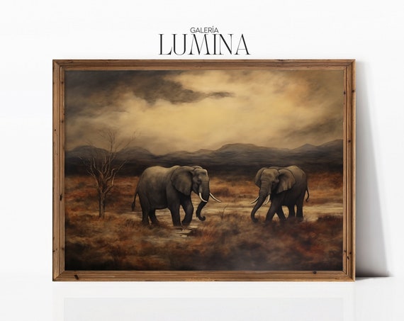African Savannah Elephants Original Oil Painting Dark Moody Wildlife Painting Maximalist Wall Art Art Frame Tv Art 354