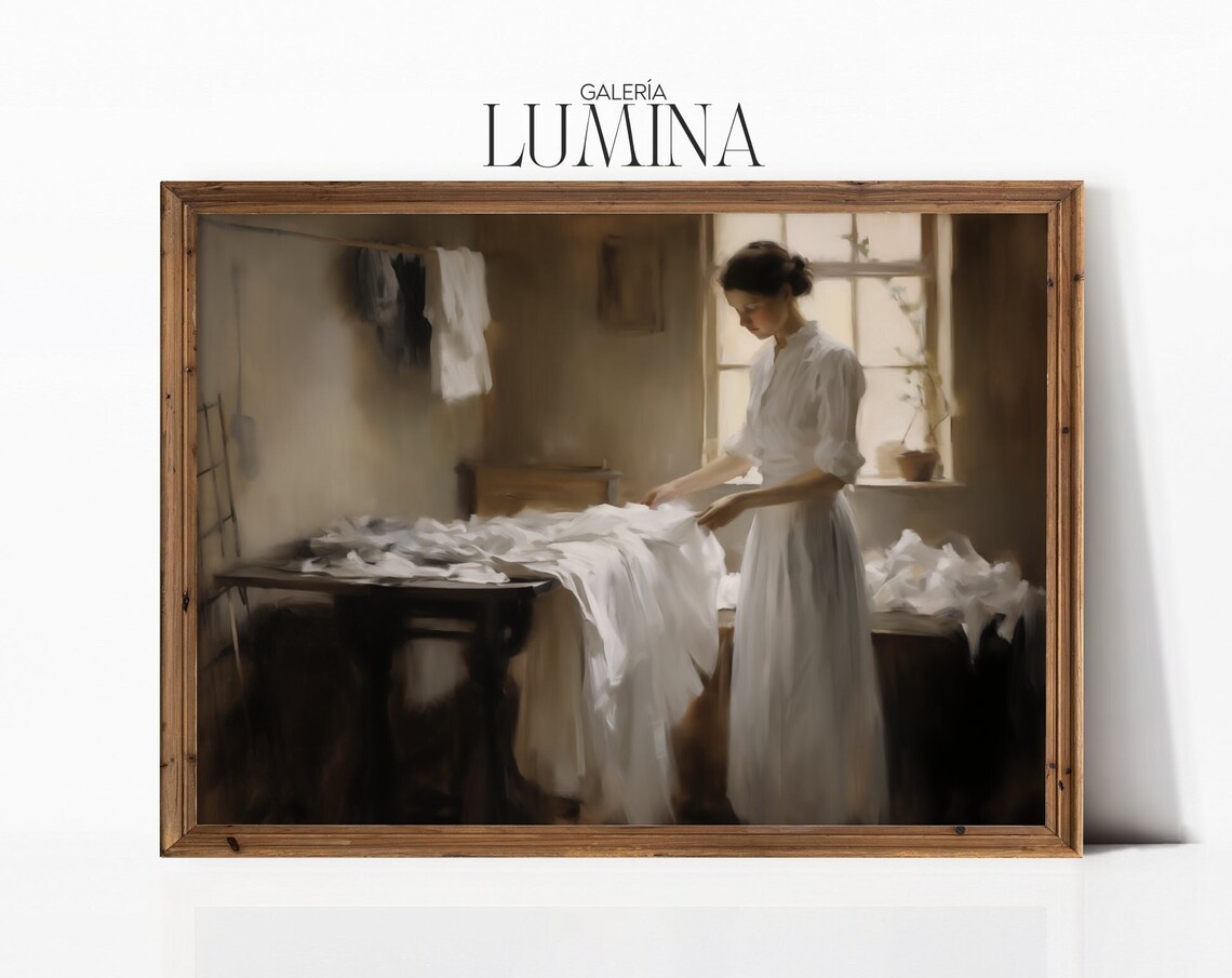 Victorian Woman Doing Laundry Impressionist Vintage Genre Painting Poster
