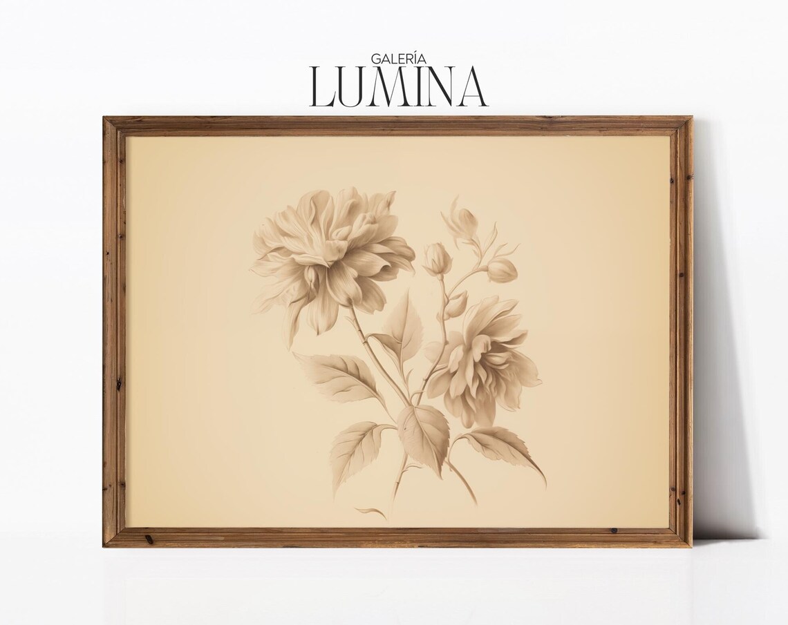 Antique Sepia Botanical Flower Sketch Minimalist Etching Poster