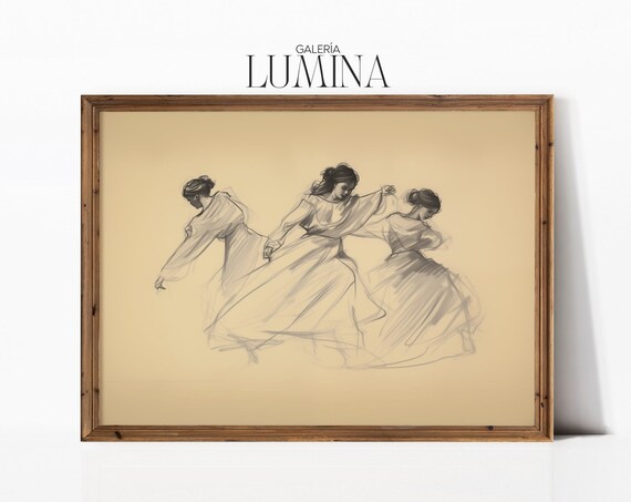 Three Women Dancing Vintage Charcoal Figure Drawing Sketch Poster