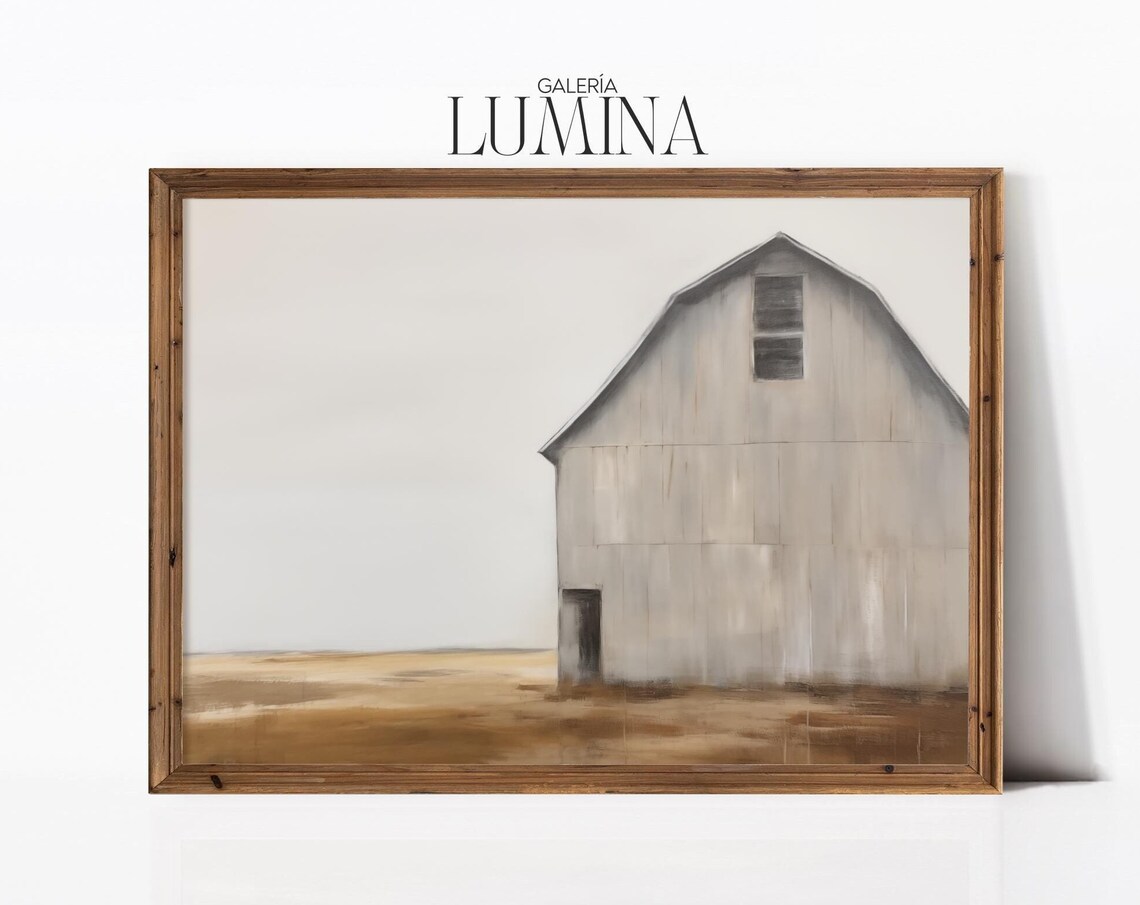 Vintage White Barn Oil Painting, Rustic Farmhouse Art Print
