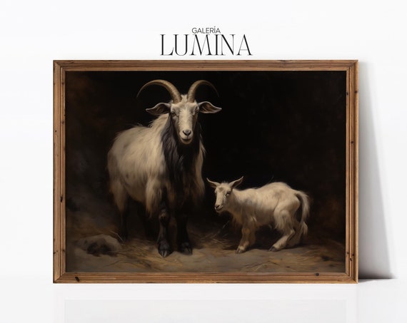 Moody Goat Original Oil Painting Vintage Goat Painting Antique Rustic Animal Print Dark Cottage Decor Art Frame Tv Art 419