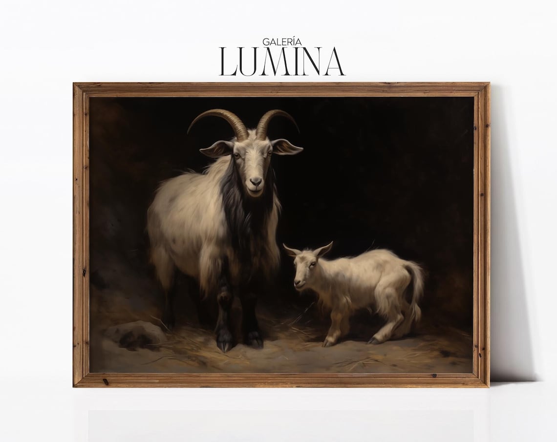 White Mother Goat with Kid Dark Rustic Animal Oil Painting Poster