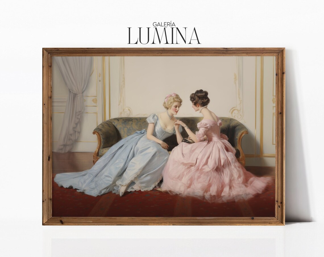 Victorian Ladies in Ball Gowns Elegant Interior Scene Painting Poster