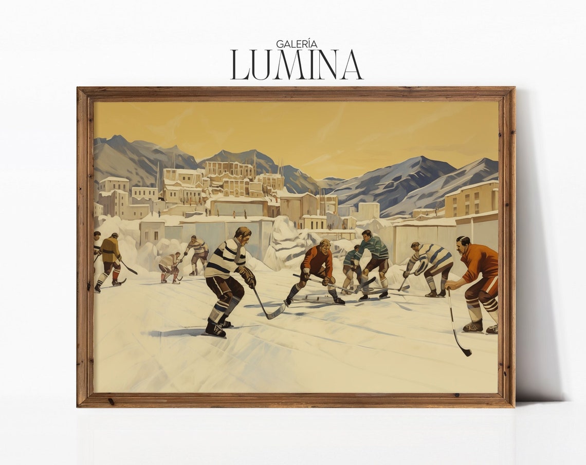 Vintage Ice Hockey Painting Winter Sports Wall Art Mountains Landscape Teen Boys Bedroom Wall Decor Art Frame Tv Art 199