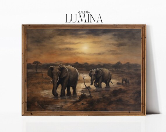 African Elephants Crossing River At Golden Sunset Wildlife Poster
