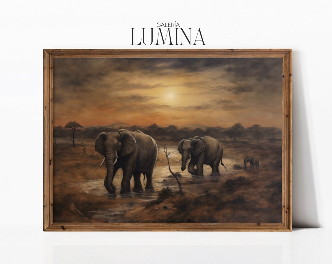 African Elephants Crossing River At Golden Sunset Wildlife Poster