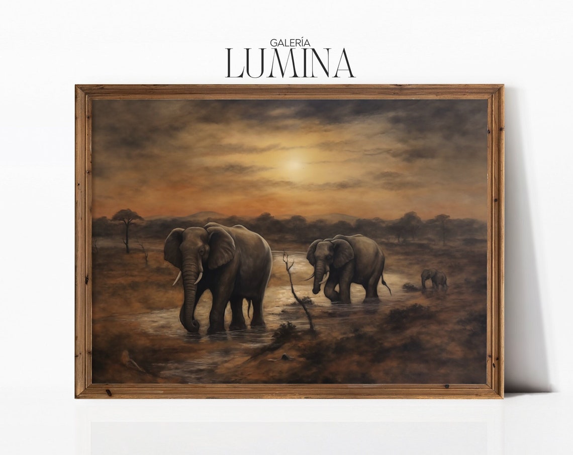 African Savannah Elephants Original Oil Painting Dark Moody Wildlife Painting Maximalist Wall Art Art Frame Tv Art 331