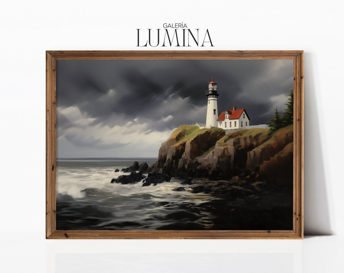 Red White Lighthouse On Shore Painting Nautical Oil Painting Coastal Wall Art Dark Seascape Art Print Art Frame Tv Art 155