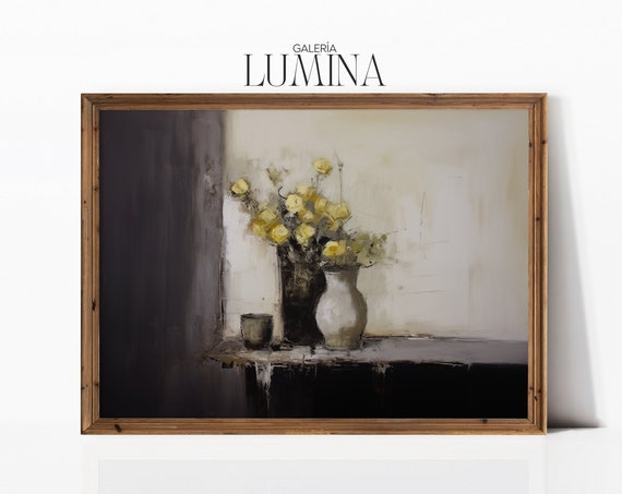 Yellow Roses In The Vase Original Painting Dark Flower Vintage Artwork Moody French Floral Wall Decor Art Frame Tv Art 014