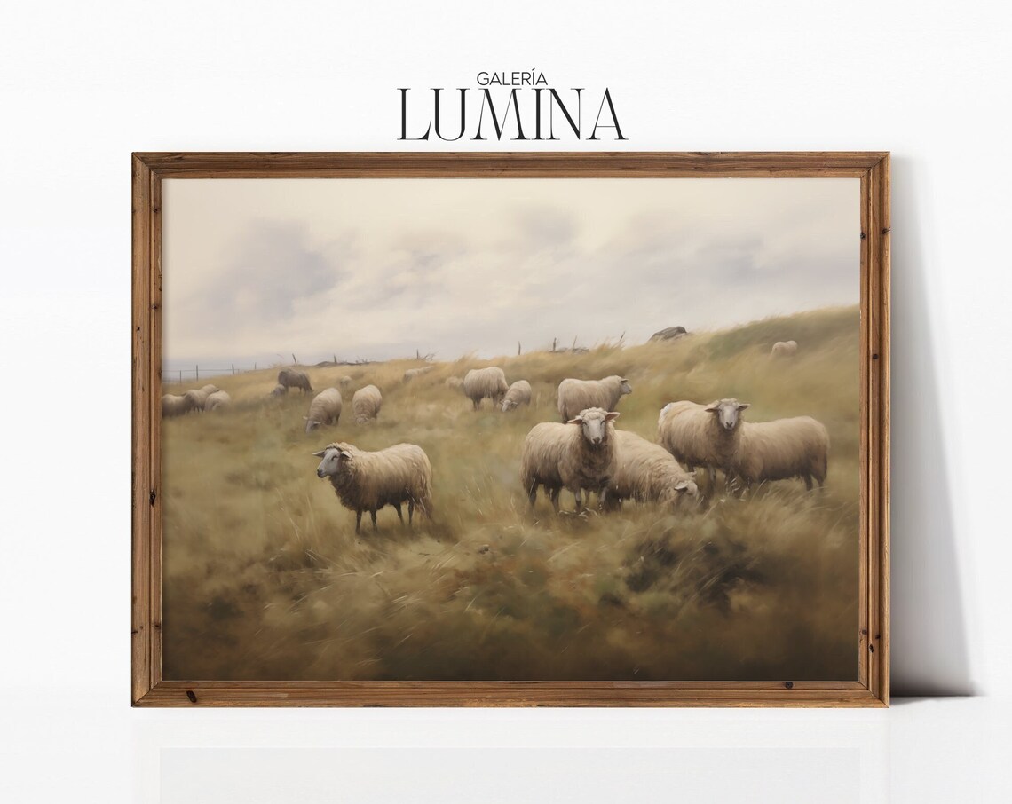 Flock of Sheep Vintage Country Oil Painting Print