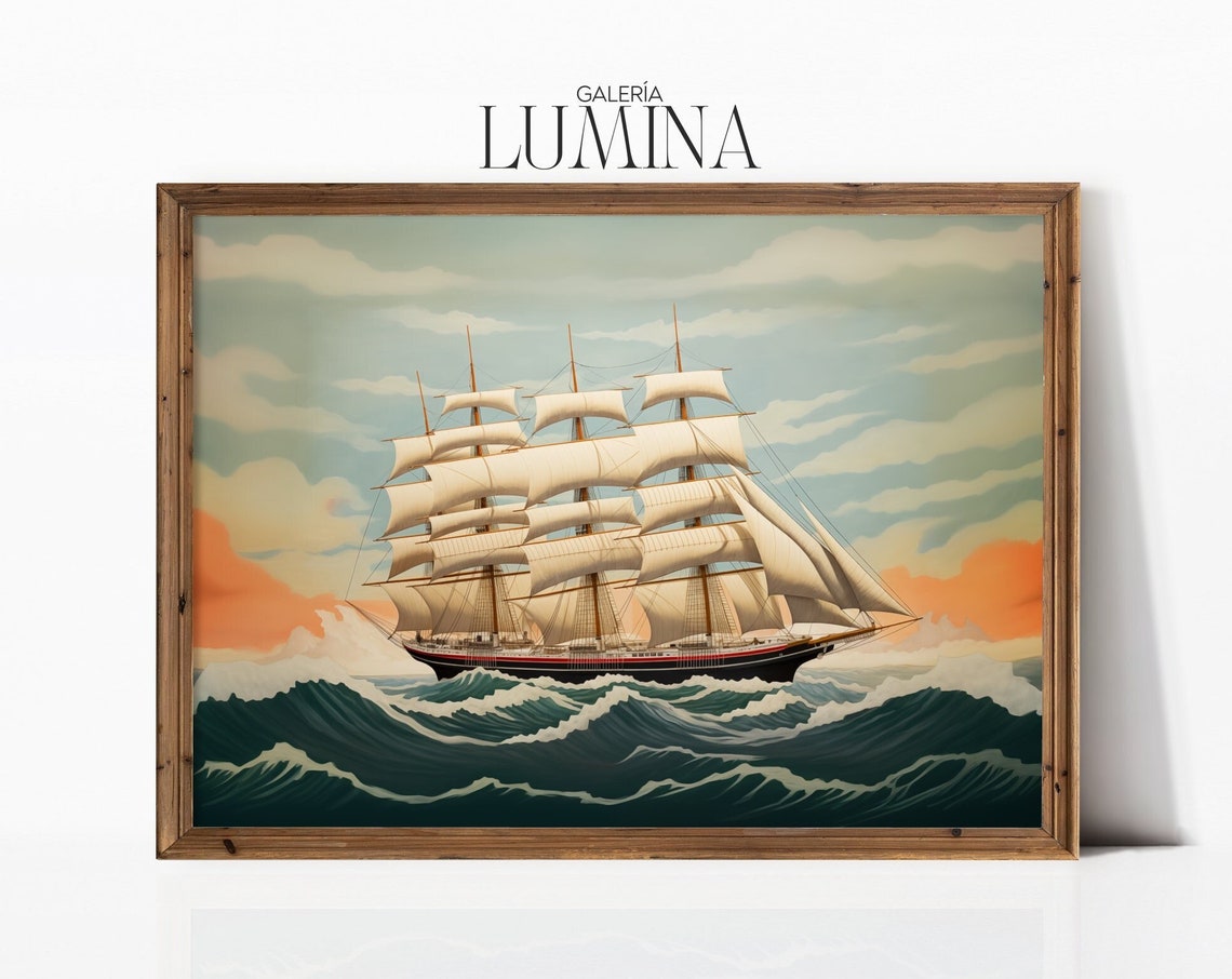 Vintage Large Sailing Ship Drawing Nautical Boat Art Print Antique Seascape Print Landscape Painting Art Frame Tv Art 128