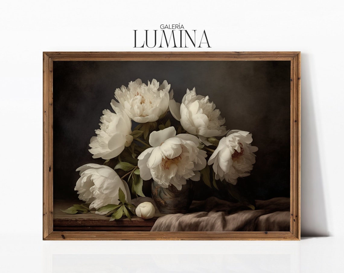 White Peonies Vintage Oil Painting Moody Still Life Print Antique Botanical Print Rustic Floral Art Art Frame Tv Art 360