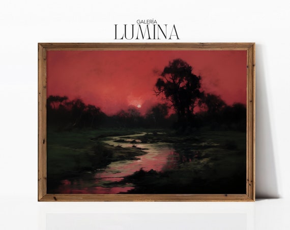 Dark Moody Red Sky Painting Surreal Landscape Print Eclectic Maximalist Wall Art Dark Academia Decor Art Frame Tv Art 126