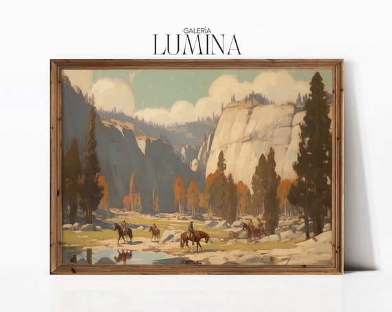 Western Cowboy Painting Southwest Landscape Wall Art Antique Oil Painting Mid Century Wall Decor Art Frame Tv Art 144