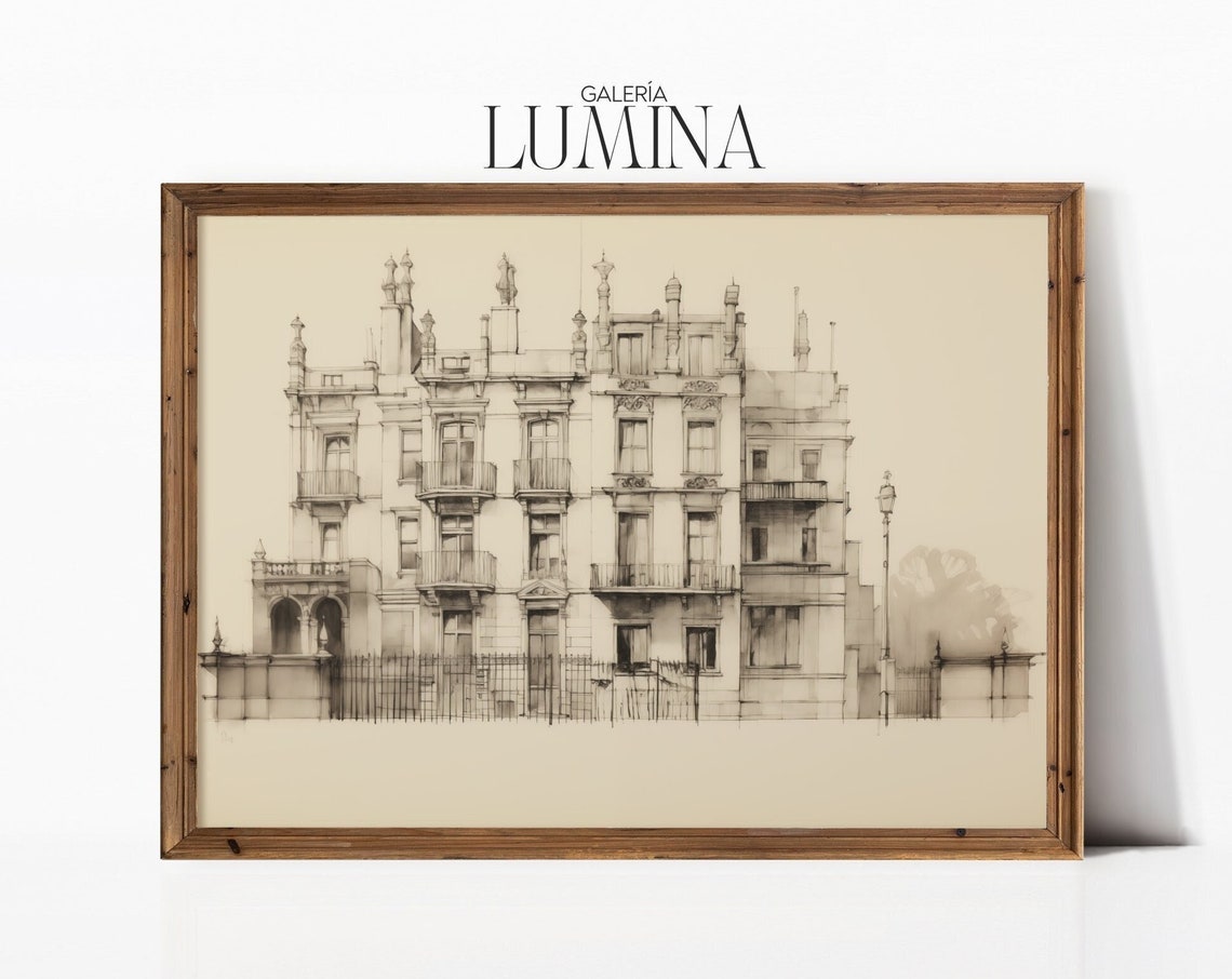 Apartment Block Pen And Ink Drawing Antique Minimalist Architecture Sketch Art Neutral Building Print Art Frame Tv Art 042