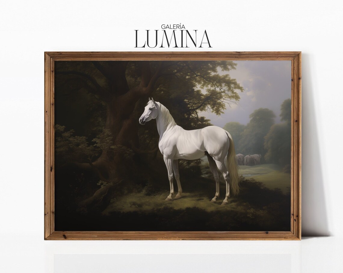 White Horse In Forest, Rustic Nature-Inspired Art Print
