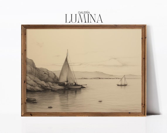 Vintage Sailboat Pencil Drawing Antique Muted Nautical Drawing Lake House Coastal Sailing Boat Print Art Frame Tv Art 408