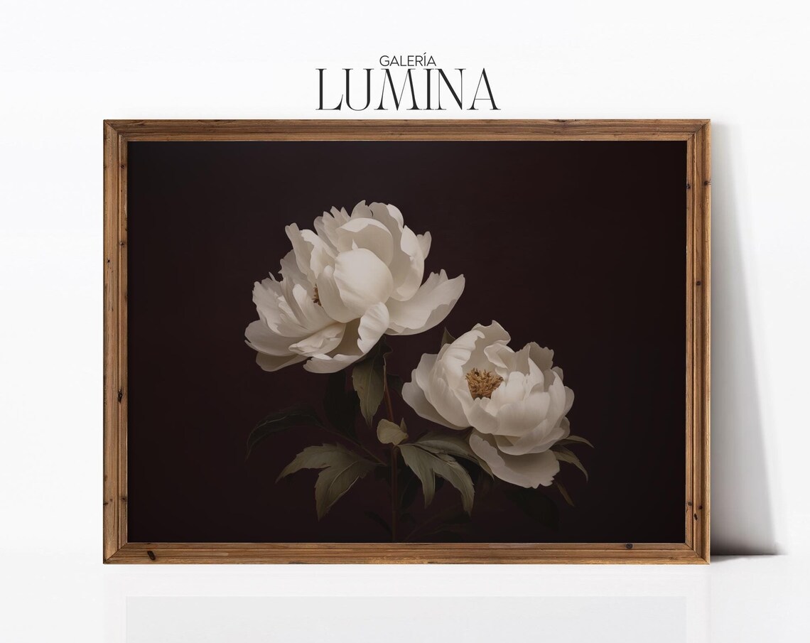 White Peonies Dark Brown Botanical Painting Antique Style Poster