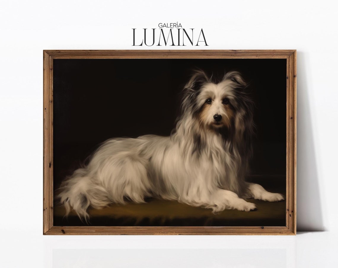 Shetland Sheepdog Portrait Painting Moody Sheltie Painting Vintage Long Haired White Fur Dog Painting Art Frame Tv Art 413