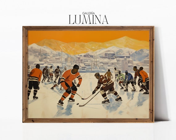 Vintage Ice Hockey Painting Winter Sports Wall Art Mountains Landscape Teen Boys Bedroom Wall Decor Art Frame Tv Art 200