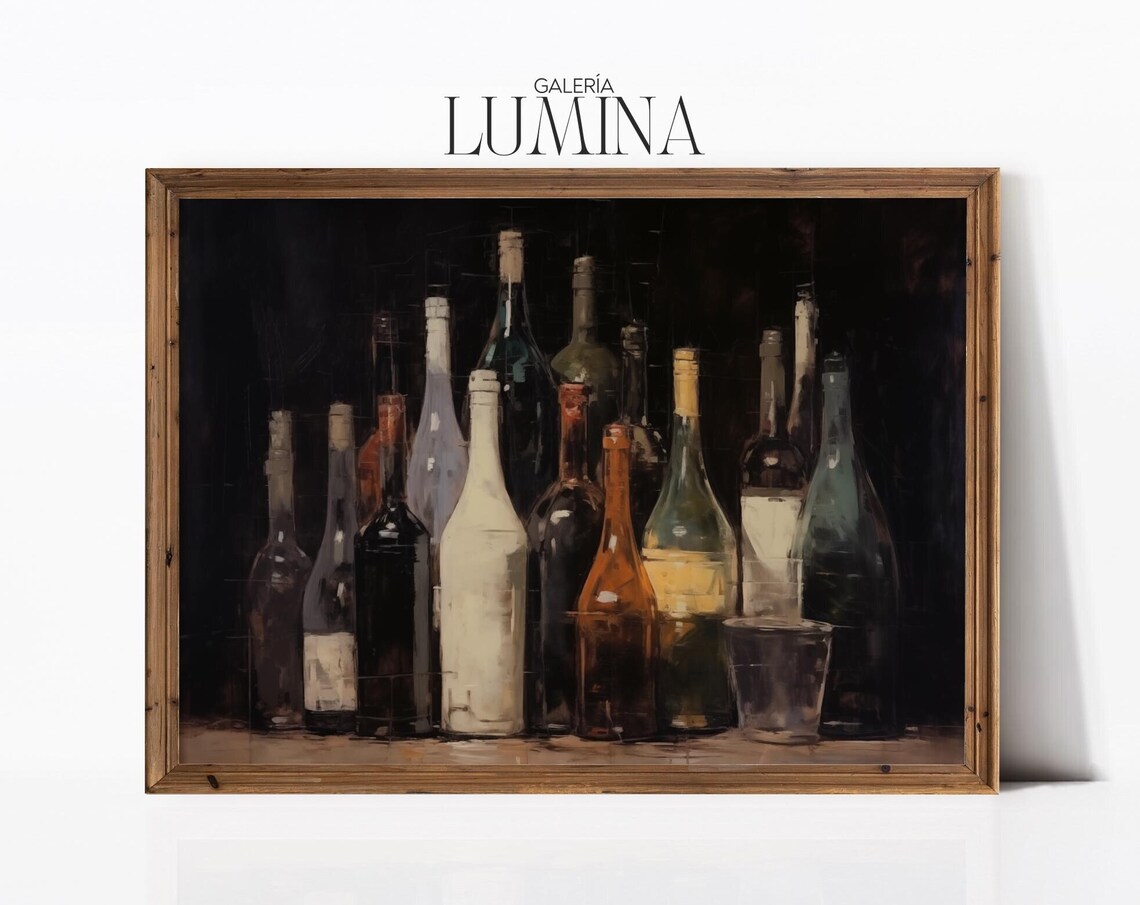 Wine Bottles Dark Background Moody Still Life Abstract Art Poster