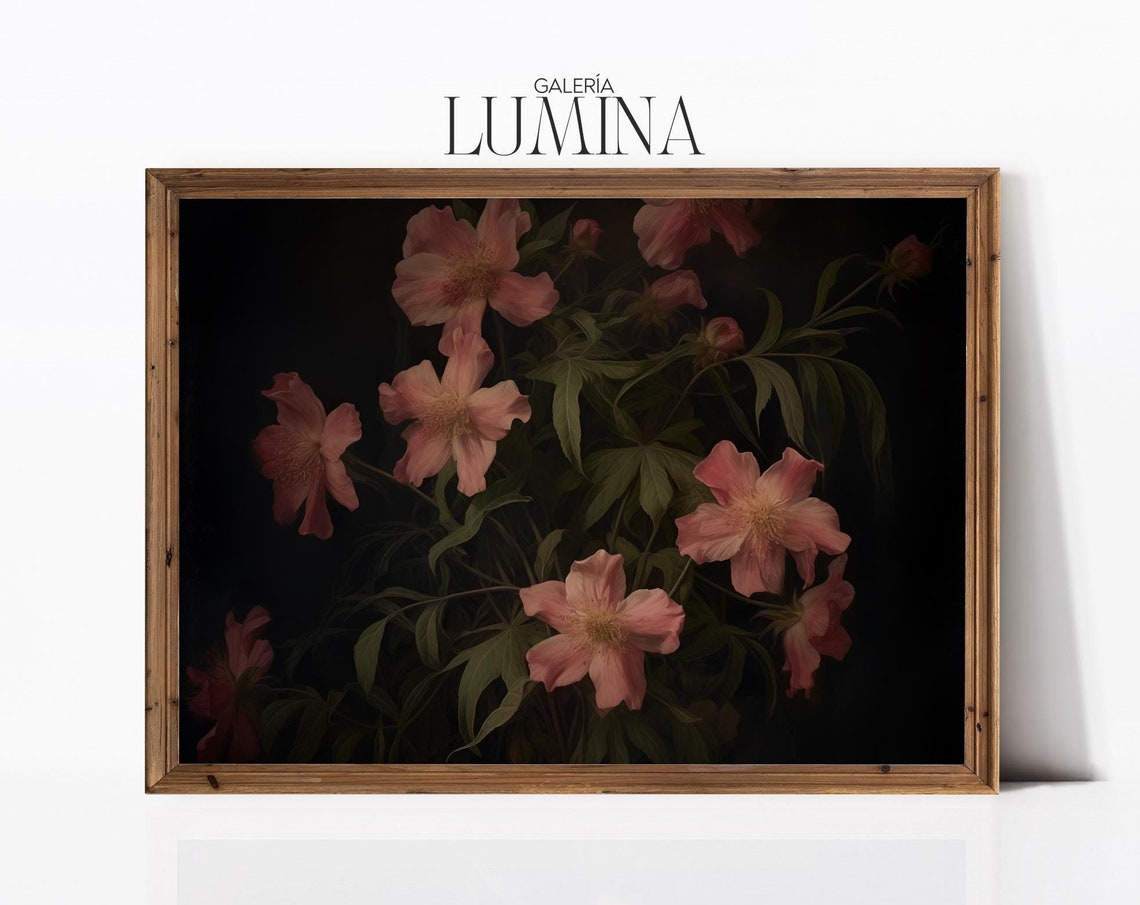 Dark Pink Flowers Vintage Painting Moody Botanical Print Dark Background Floral Still Life Painting Art Frame Tv Art 415