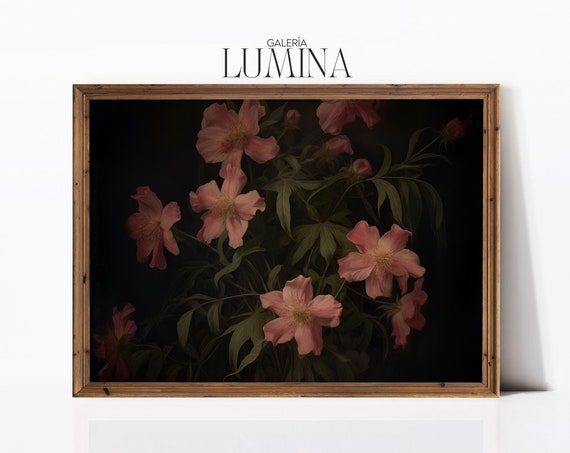 Dark Pink Flowers Vintage Painting Moody Botanical Print Dark Background Floral Still Life Painting Art Frame Tv Art 415