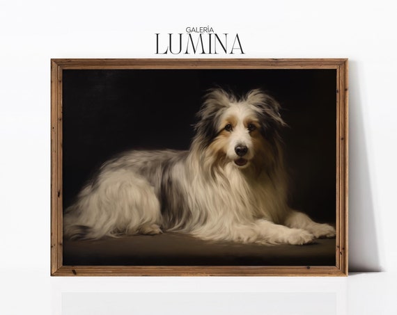Shetland Sheepdog Portrait Painting Moody Sheltie Painting Vintage Long Haired White Fur Dog Painting Art Frame Tv Art 386