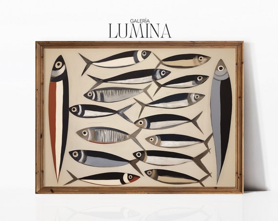 Sardines Flat Oil Painting Minimalist Fish Painting Vintage Animal Print Fish Restaurant Wall Decor Art Frame Tv Art 202