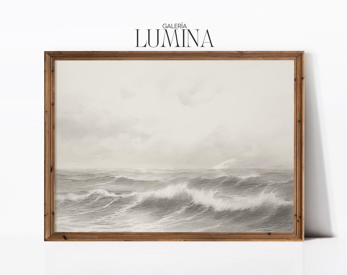 Ocean Waves Pencil Drawing Vintage Seascape Drawing Neutral Coastal Wall Art Nautical Home Decor Art Frame Tv Art 422