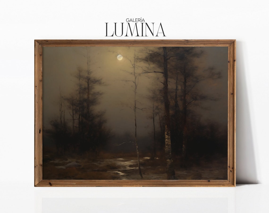 Dark Moody Midnight Painting Vintage Hazy Landscape Painting Moonlight Wall Art Dark Academia Decor Art Frame Tv Art 332