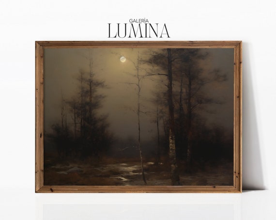 Dark Moody Midnight Painting Vintage Hazy Landscape Painting Moonlight Wall Art Dark Academia Decor Art Frame Tv Art 332