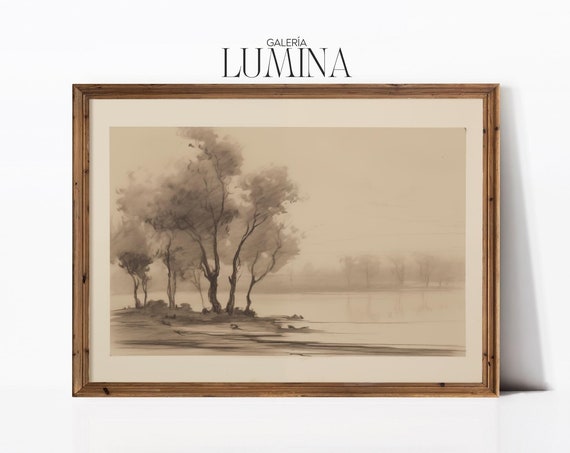 Sepia Tone River Trees Pencil Drawing Muted Color Minimalist Landscape Drawing Framed Tree Art Print Art Frame Tv Art 368
