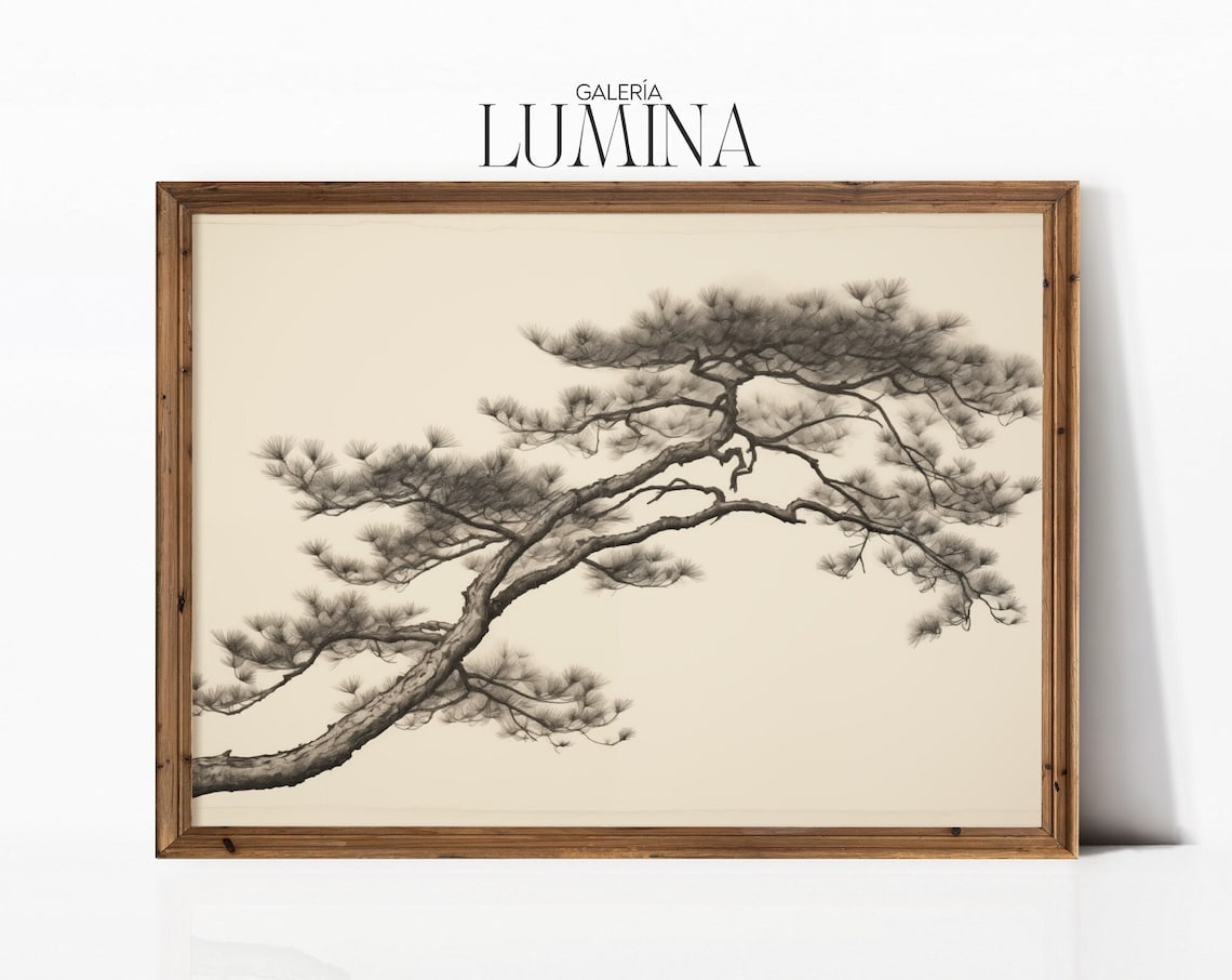 Japanese Black Pine Tree Ink Drawing, Vintage Art Print