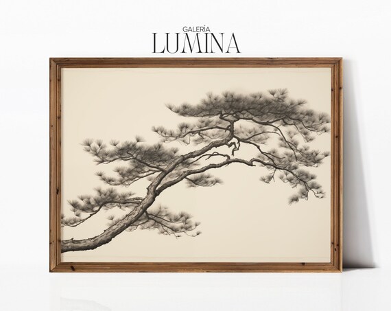 Japanese Black Pine Tree Ink Drawing, Vintage Art Print