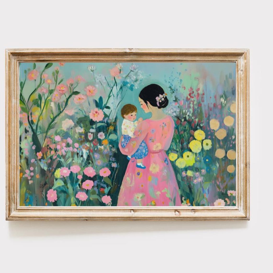 Mother And Baby Wall Art Print Motherhood Art Floral Folk Art Trendy Nursery Art New Mum Poster Baby Shower Gift