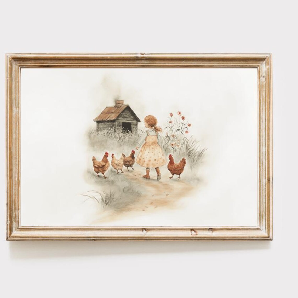 Farm Girl and Chickens Vintage Nursery Art Print