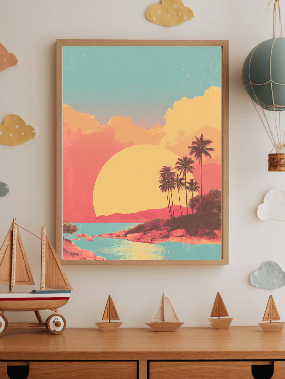 Retro Tropical Beach Sunset Palm Trees Vintage Travel Wall Art