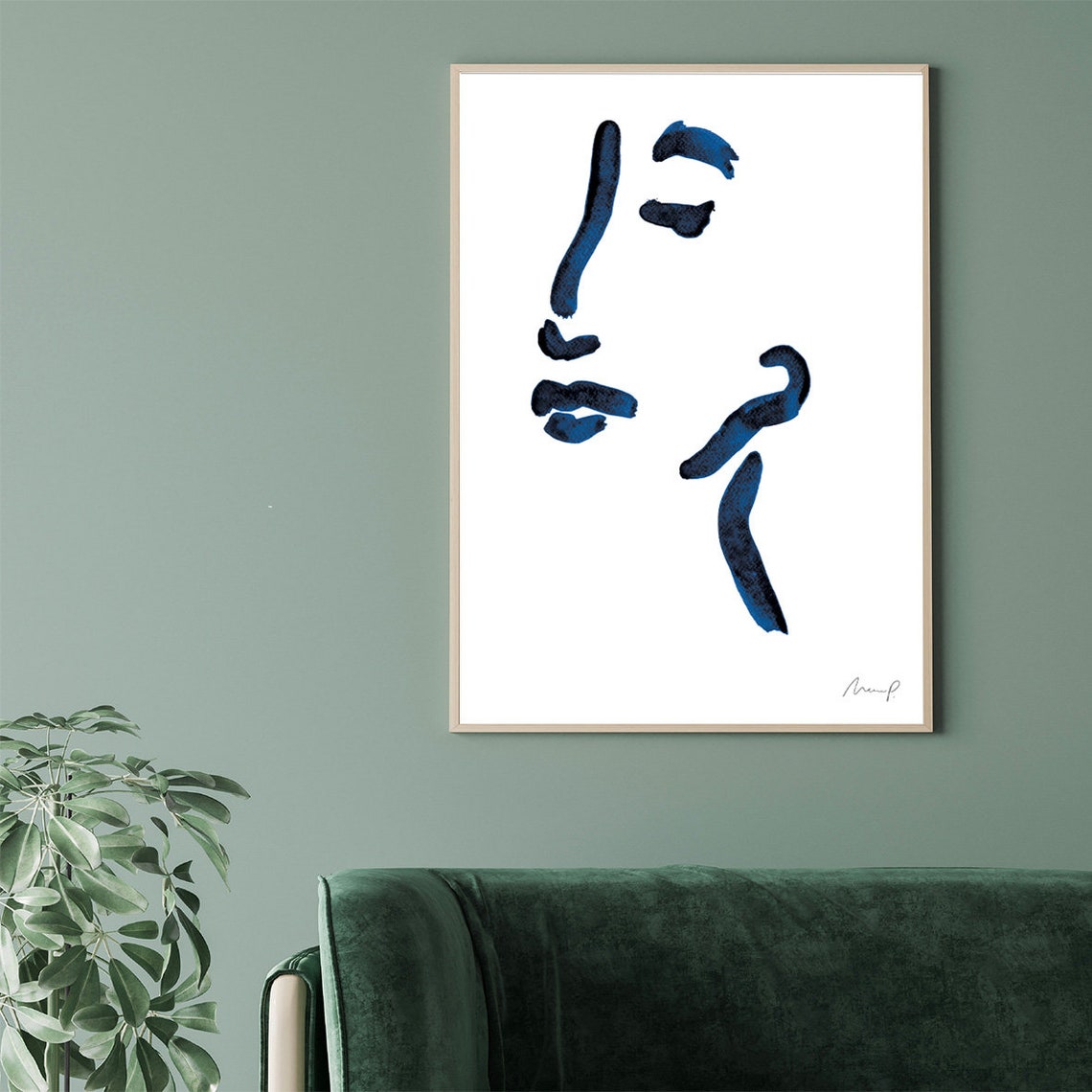 Bold Cobalt Blue Abstract Face Line Art Minimalist Portrait Poster - Image 2