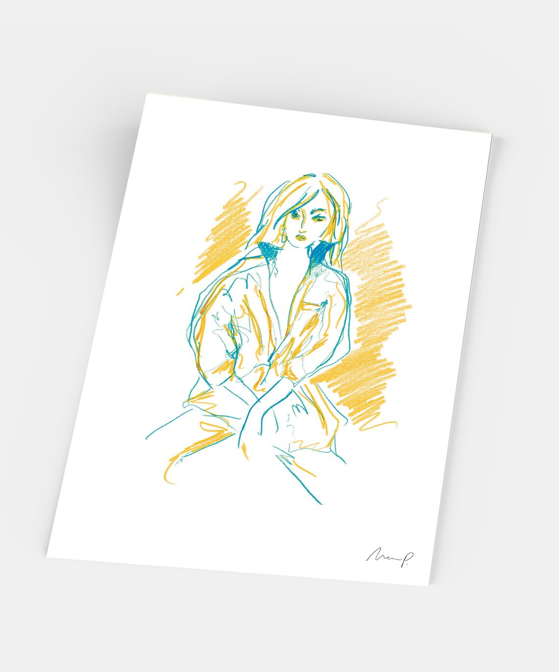Lively Fashion Sketch Seated Woman Blue Yellow Crayon Art Poster - Image 5