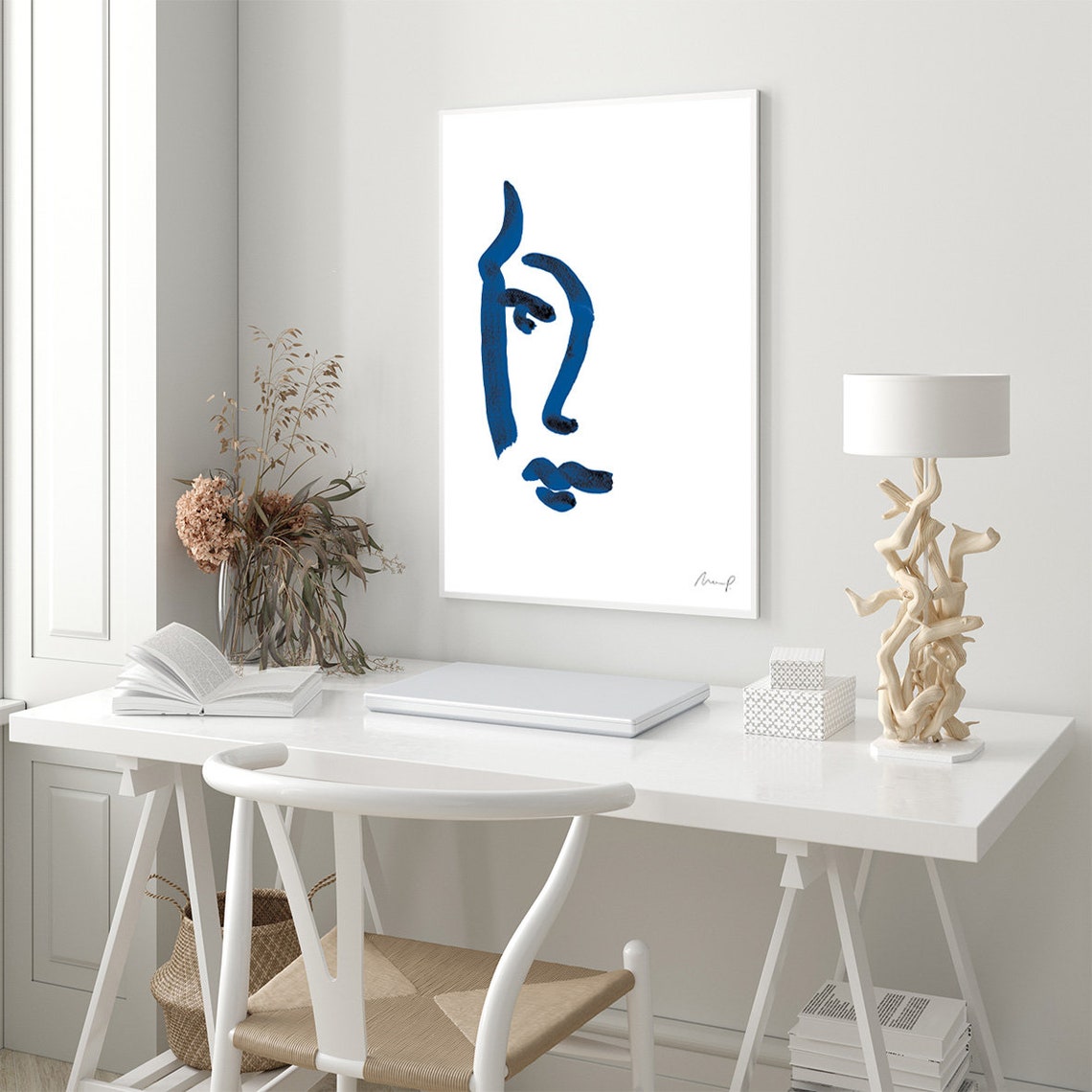 Blue Brushstroke Face Four Minimalist Profile Abstract Art Poster - Image 2